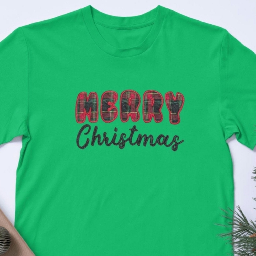 Custom Made Embroidered Green Merry Christmas Festive T-Shirt | Holiday Tee